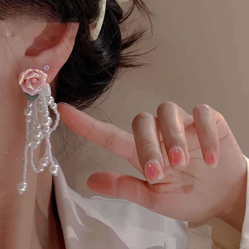 Lizakosht Korean Fashion Pink Resin Flower Pearl Tassel Dangle Earrings For Women Luxury Super Fairy Fresh Earring Jewelry