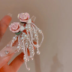 Lizakosht Korean Fashion Pink Resin Flower Pearl Tassel Dangle Earrings For Women Luxury Super Fairy Fresh Earring Jewelry