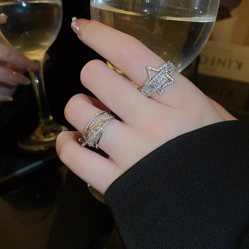 Lizakosht Korean Fashion Zircon Star Cross Opening Ring For Women Luxury Index Finger Knuckle Rings Party Hand Jewelry Gifts