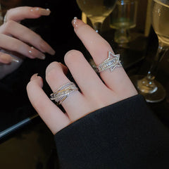 Lizakosht Korean Fashion Zircon Star Cross Opening Ring For Women Luxury Index Finger Knuckle Rings Party Hand Jewelry Gifts