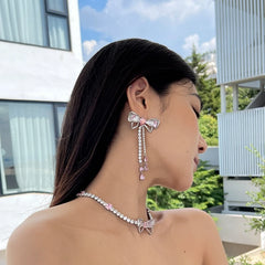 Lizakosht Korean Luxury Elegant Pink Cystal Bowknot Drop Earrings For Women Girls Fashion Rhinestone Long Pendientes Jewelry