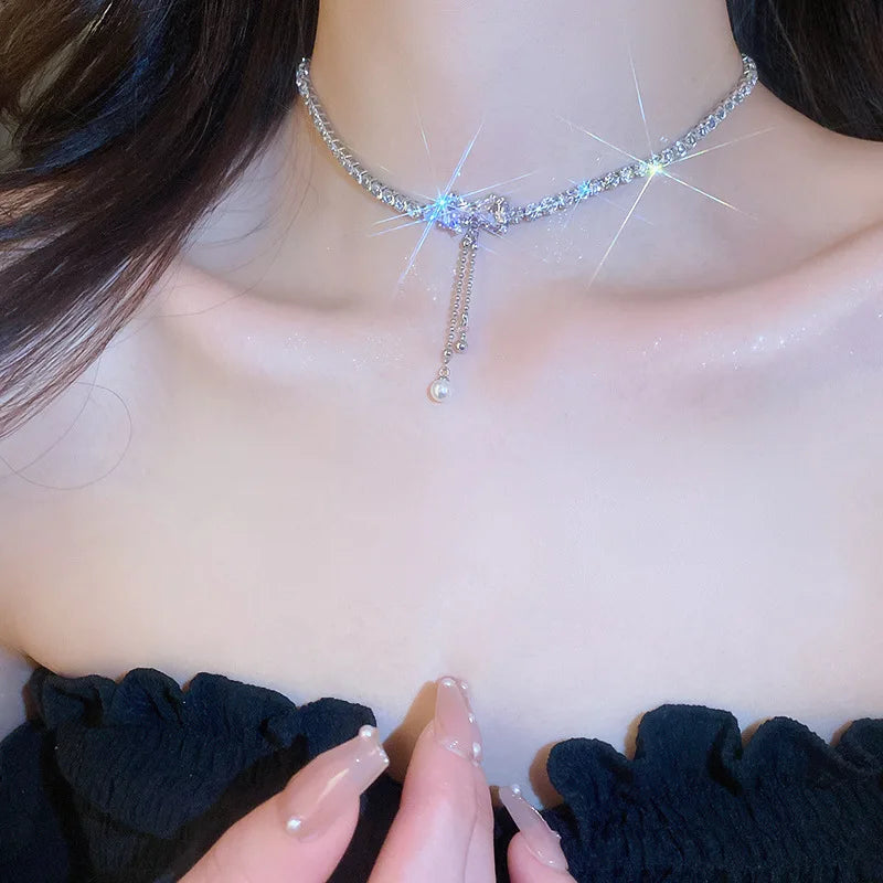 Lizakosht Korean Zircon Love Bowknot Pearl Tassel Pendant Necklace For Women Girls Shiny Rhinestone Chain Gift Wedding Party