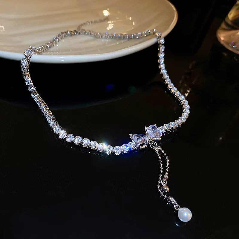 Lizakosht Korean Zircon Love Bowknot Pearl Tassel Pendant Necklace For Women Girls Shiny Rhinestone Chain Gift Wedding Party