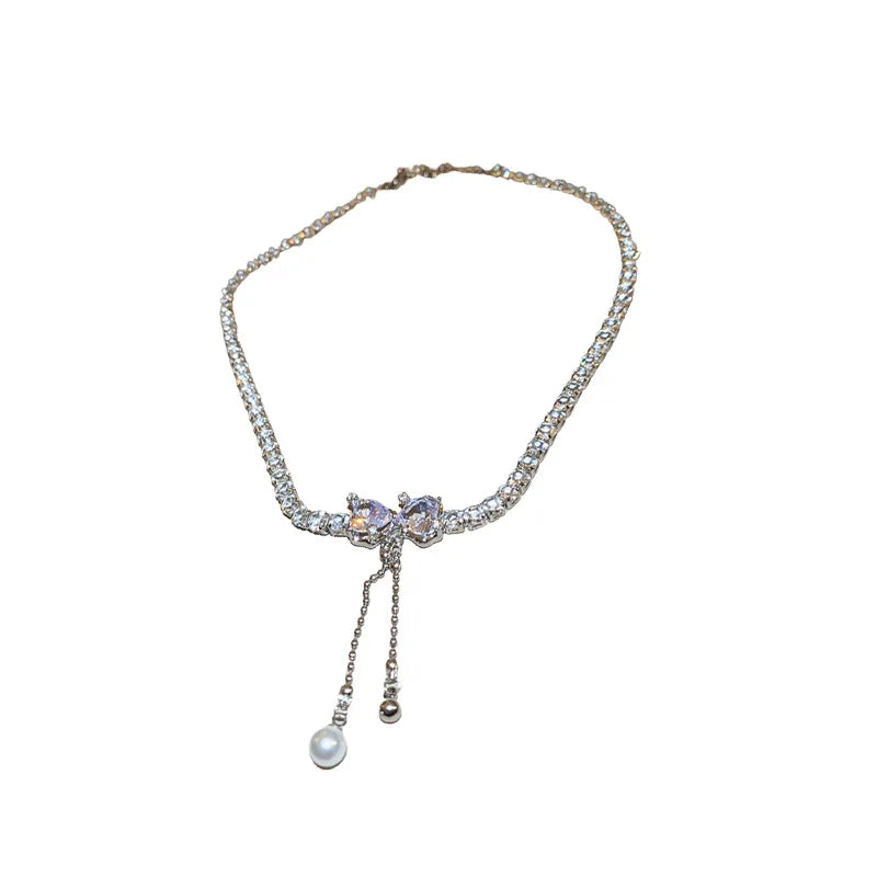 Lizakosht Korean Zircon Love Bowknot Pearl Tassel Pendant Necklace For Women Girls Shiny Rhinestone Chain Gift Wedding Party