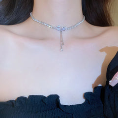 Lizakosht Korean Zircon Love Bowknot Pearl Tassel Pendant Necklace For Women Girls Shiny Rhinestone Chain Gift Wedding Party