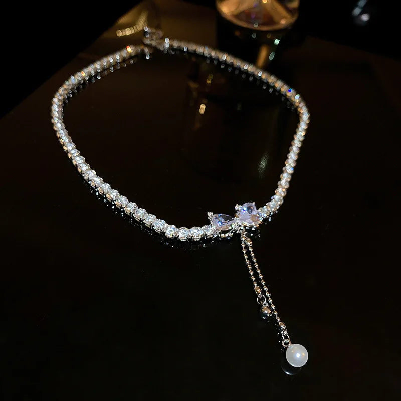 Lizakosht Korean Zircon Love Bowknot Pearl Tassel Pendant Necklace For Women Girls Shiny Rhinestone Chain Gift Wedding Party