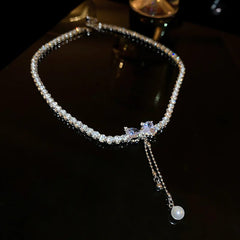 Lizakosht Korean Zircon Love Bowknot Pearl Tassel Pendant Necklace For Women Girls Shiny Rhinestone Chain Gift Wedding Party