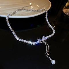 Lizakosht Korean Zircon Love Bowknot Pearl Tassel Pendant Necklace For Women Girls Shiny Rhinestone Chain Gift Wedding Party