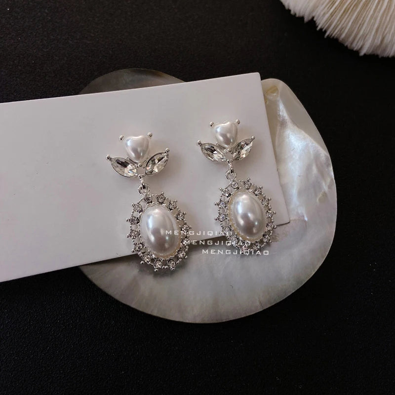 Lizakosht New Korean Elegant Love Heart Pearl Dangle Pendientes For Women Fashion Crystal Drop Boucle D'oreille Jewelry Gifts