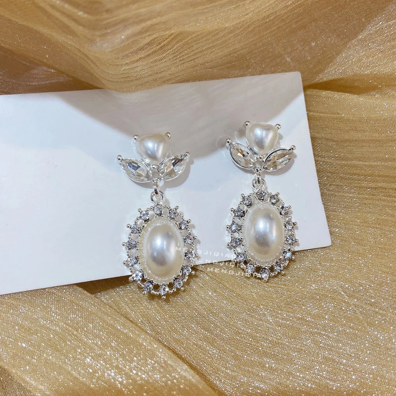 Lizakosht New Korean Elegant Love Heart Pearl Dangle Pendientes For Women Fashion Crystal Drop Boucle D'oreille Jewelry Gifts