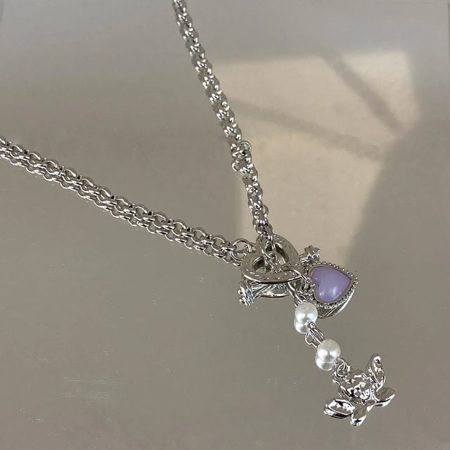 Lizakosht Wholesale Korean Fashion Heart Angel Pendant Necklace For Women Girks Trendy Purple Beads Choker Set Jewelry Gifts