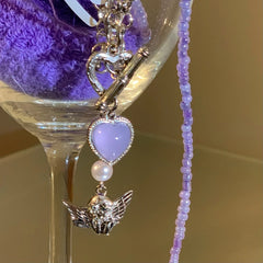 Lizakosht Wholesale Korean Fashion Heart Angel Pendant Necklace For Women Girks Trendy Purple Beads Choker Set Jewelry Gifts