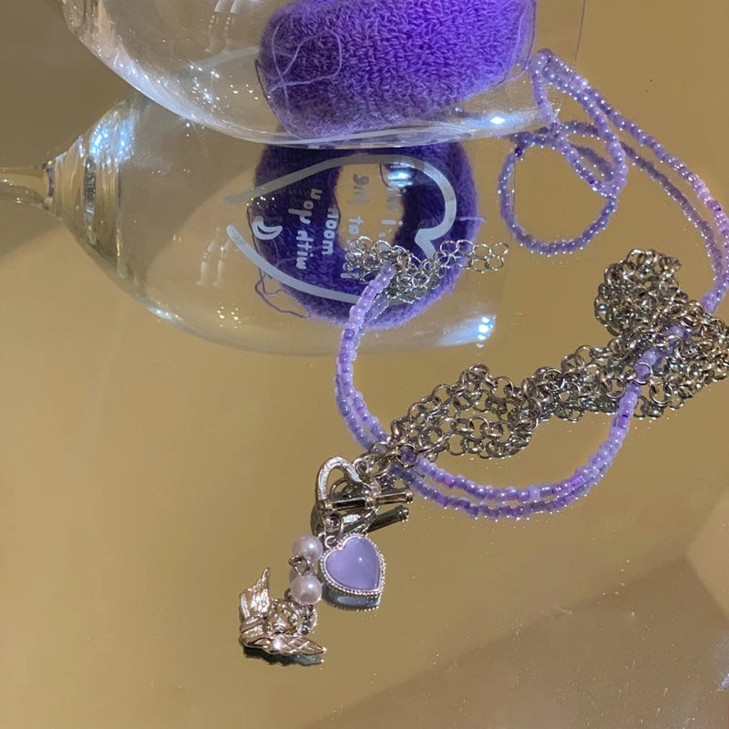 Lizakosht Wholesale Korean Fashion Heart Angel Pendant Necklace For Women Girks Trendy Purple Beads Choker Set Jewelry Gifts