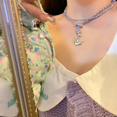 Lizakosht Wholesale Korean Fashion Heart Angel Pendant Necklace For Women Girks Trendy Purple Beads Choker Set Jewelry Gifts