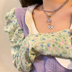 Lizakosht Wholesale Korean Fashion Heart Angel Pendant Necklace For Women Girks Trendy Purple Beads Choker Set Jewelry Gifts