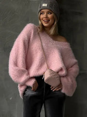 Lizakosht Pink V-neck Soft Wmen Knit Jumper Lantern Sleeve Loose Casual Warm Oversize Pullover Sweater Autumn Chic Outwear Knitwear