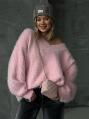 Lizakosht Pink V-neck Soft Wmen Knit Jumper Lantern Sleeve Loose Casual Warm Oversize Pullover Sweater Autumn Chic Outwear Knitwear