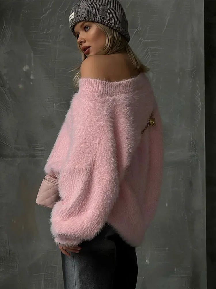 Lizakosht Pink V-neck Soft Wmen Knit Jumper Lantern Sleeve Loose Casual Warm Oversize Pullover Sweater Autumn Chic Outwear Knitwear