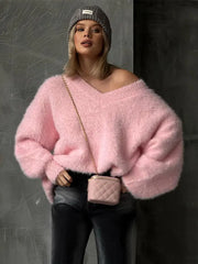 Lizakosht Pink V-neck Soft Wmen Knit Jumper Lantern Sleeve Loose Casual Warm Oversize Pullover Sweater Autumn Chic Outwear Knitwear