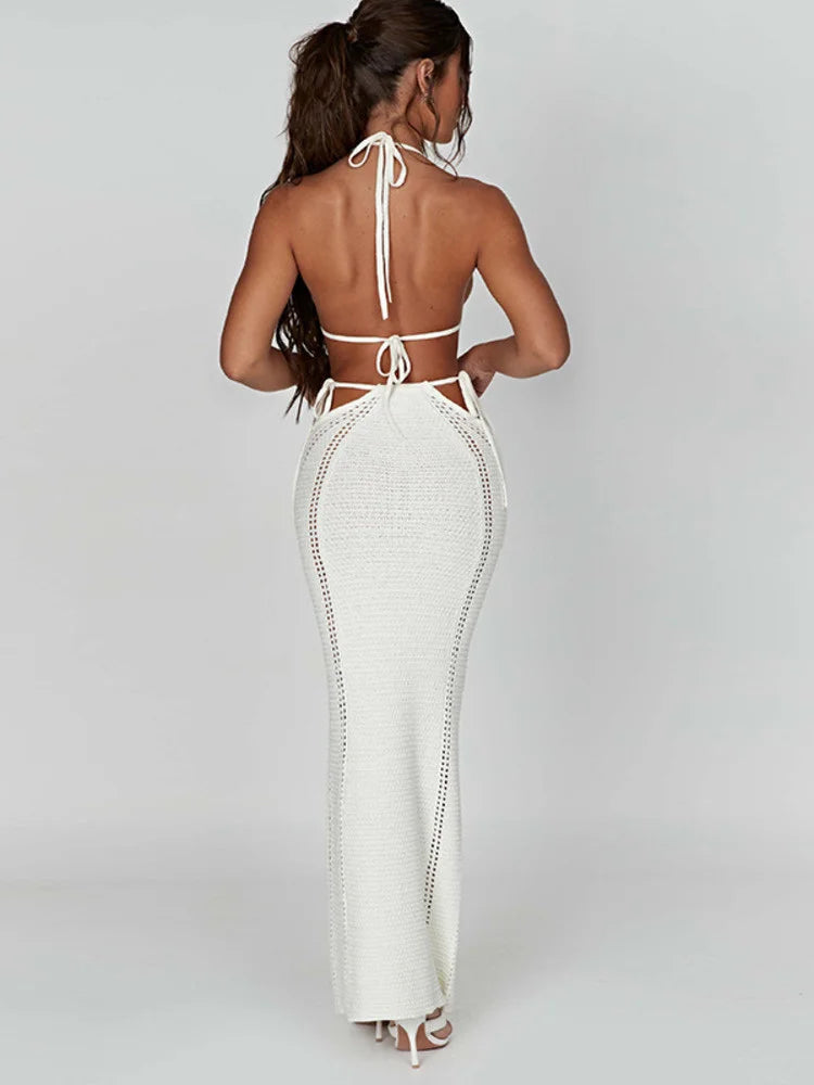 Lizakosht Hollow Out Knit Dress Set Women Lace-up Crop Top And Long Skirt Matching Sets Female Sexy Club Party Two Piece Set