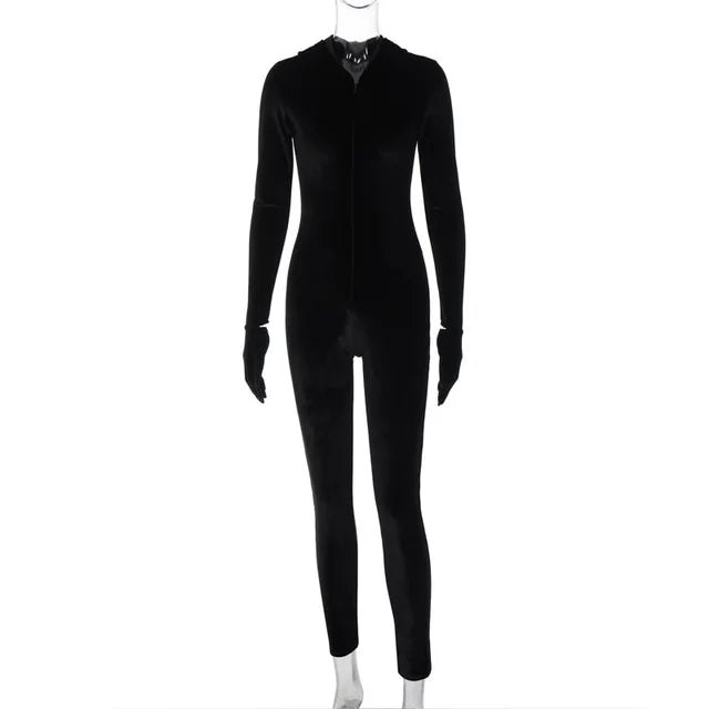 Lizakosht Velvet Long Sleeve Hooded Jumpsuits Women Overalls Autumn Winter New Black Zipper Skinny Sexy Long Jumpsuit