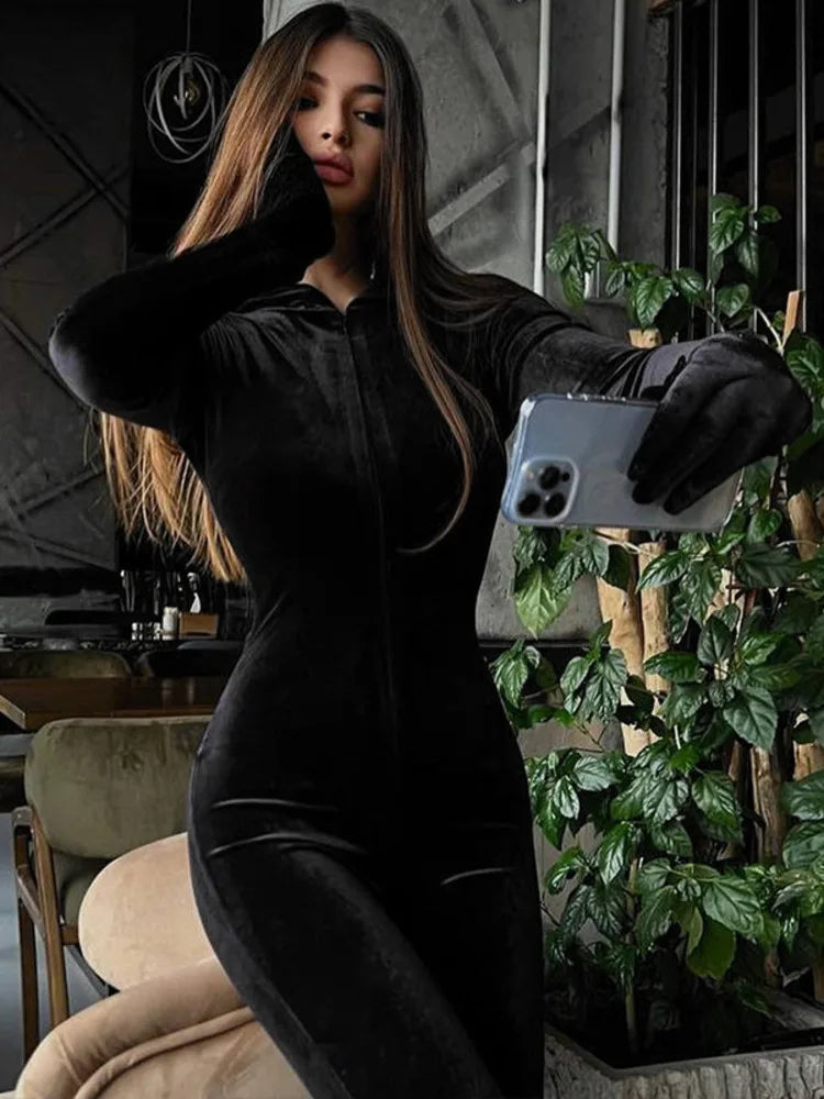 Lizakosht Velvet Long Sleeve Hooded Jumpsuits Women Overalls Autumn Winter New Black Zipper Skinny Sexy Long Jumpsuit