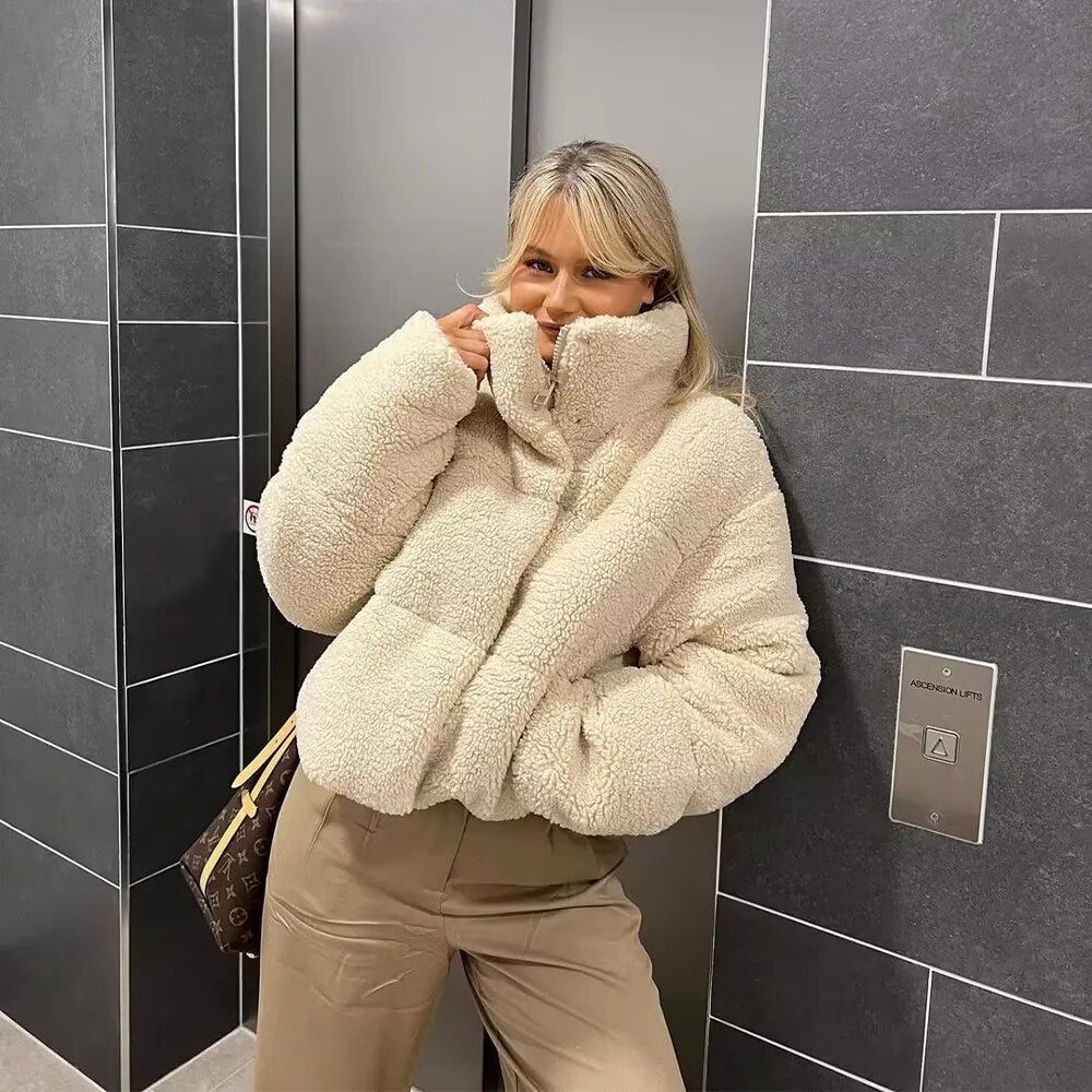 Lizakosht -  Women Fashion Chic Lady Long Sleeves Beige Faux Fur Jacket High Street Fall Winter Warm Coat Top Female