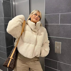 Lizakosht -  Women Fashion Chic Lady Long Sleeves Beige Faux Fur Jacket High Street Fall Winter Warm Coat Top Female