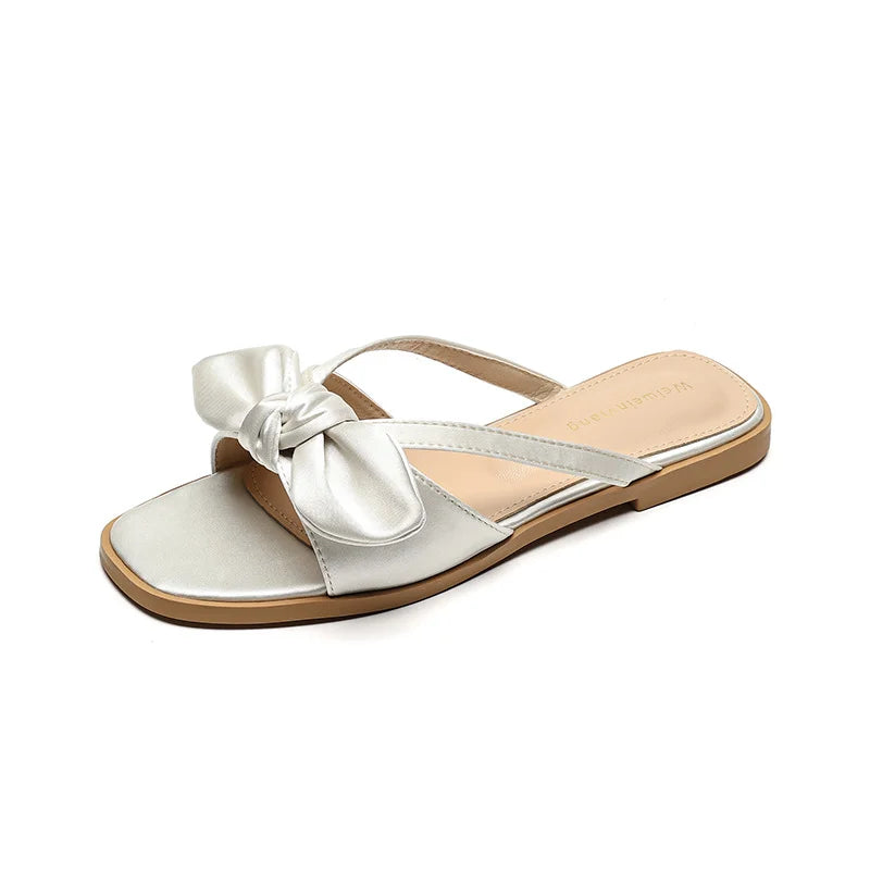 Lizakosht New Slippers Women Satin Bow Flat Bottom Fashion Silk One Word Muller Sandals Slippers Apricot Pink