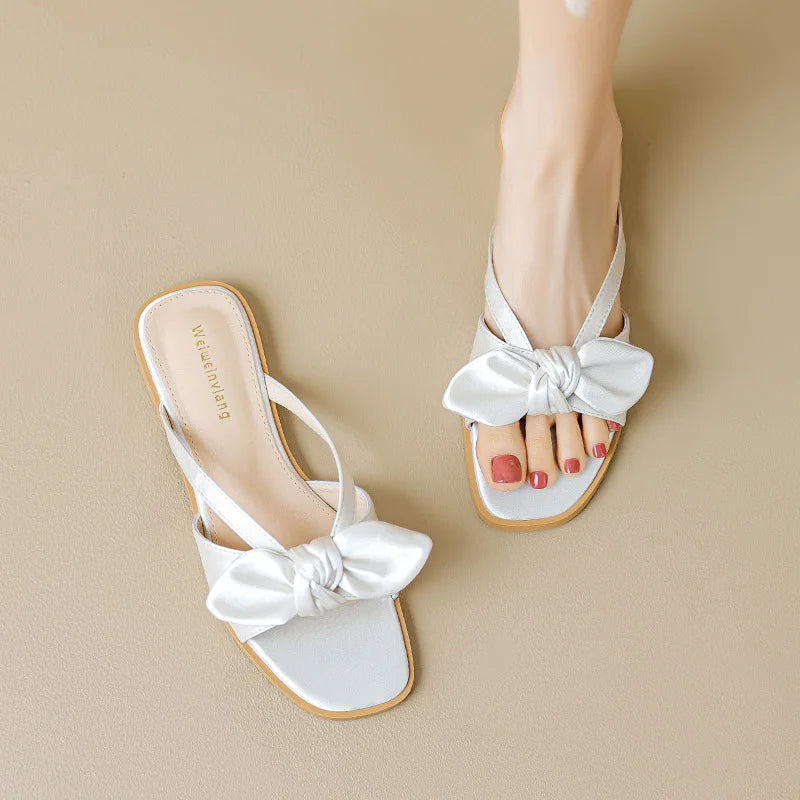 Lizakosht New Slippers Women Satin Bow Flat Bottom Fashion Silk One Word Muller Sandals Slippers Apricot Pink