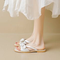 Lizakosht New Slippers Women Satin Bow Flat Bottom Fashion Silk One Word Muller Sandals Slippers Apricot Pink