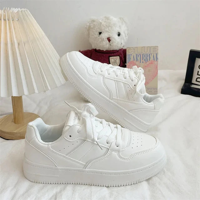 Lizakosht New Sneakers Women Solid Color Lace-up Flat Bottom Small White Shoes Thick Soles Round Toe Shoes Woman Student Board Shoes