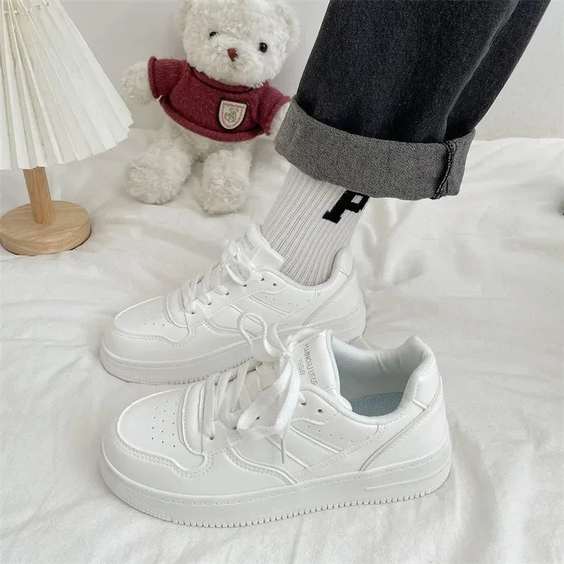 Lizakosht New Sneakers Women Solid Color Lace-up Flat Bottom Small White Shoes Thick Soles Round Toe Shoes Woman Student Board Shoes