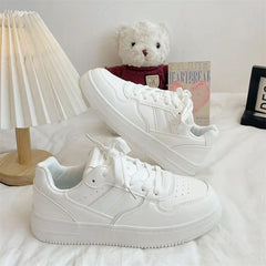 Lizakosht New Sneakers Women Solid Color Lace-up Flat Bottom Small White Shoes Thick Soles Round Toe Shoes Woman Student Board Shoes