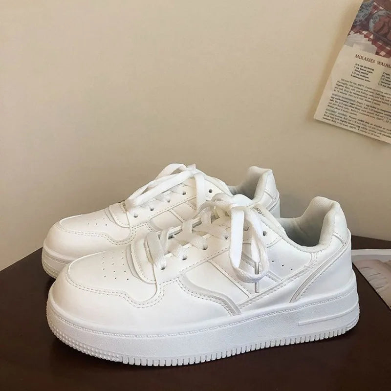 Lizakosht New Sneakers Women Solid Color Lace-up Flat Bottom Small White Shoes Thick Soles Round Toe Shoes Woman Student Board Shoes