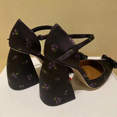 Lizakosht New Version Of Wild Thick-heeled pointed bow French Retro Mary Jane Shoes Trend High-heeled lattice Shoes Party Wedding Spring