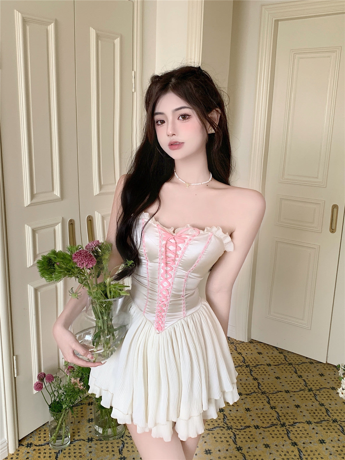 Lizakosht Sexy Office White Lace Up Backless Slim Wrapping Women Korean Summer Bow Collar Mesh Suspenders Ruffles Mini Vest Dresses Female