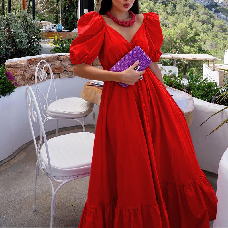 New Summer Women'S Dresses One Word Neck Bubble Short Sleeve Sexy Open Back Solid Color Dress Simple Pastoral Pink Tight Dress