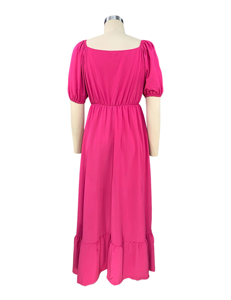 New Summer Women'S Dresses One Word Neck Bubble Short Sleeve Sexy Open Back Solid Color Dress Simple Pastoral Pink Tight Dress