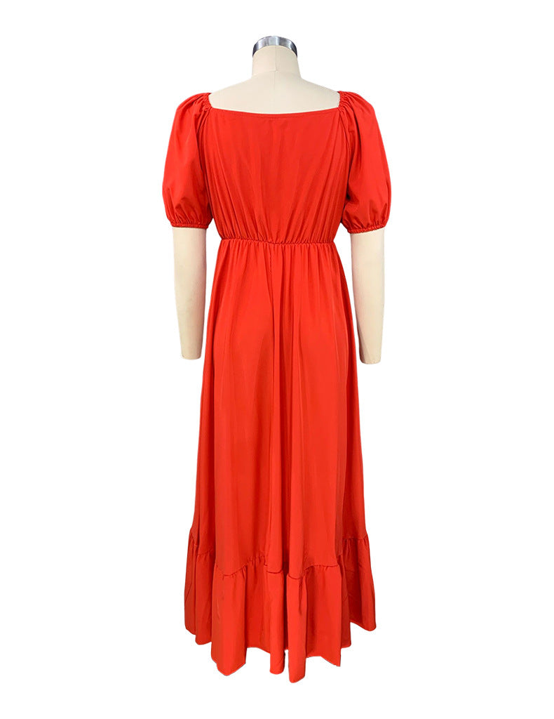 New Summer Women'S Dresses One Word Neck Bubble Short Sleeve Sexy Open Back Solid Color Dress Simple Pastoral Pink Tight Dress