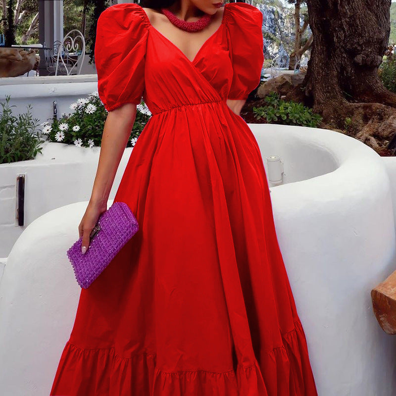 New Summer Women'S Dresses One Word Neck Bubble Short Sleeve Sexy Open Back Solid Color Dress Simple Pastoral Pink Tight Dress
