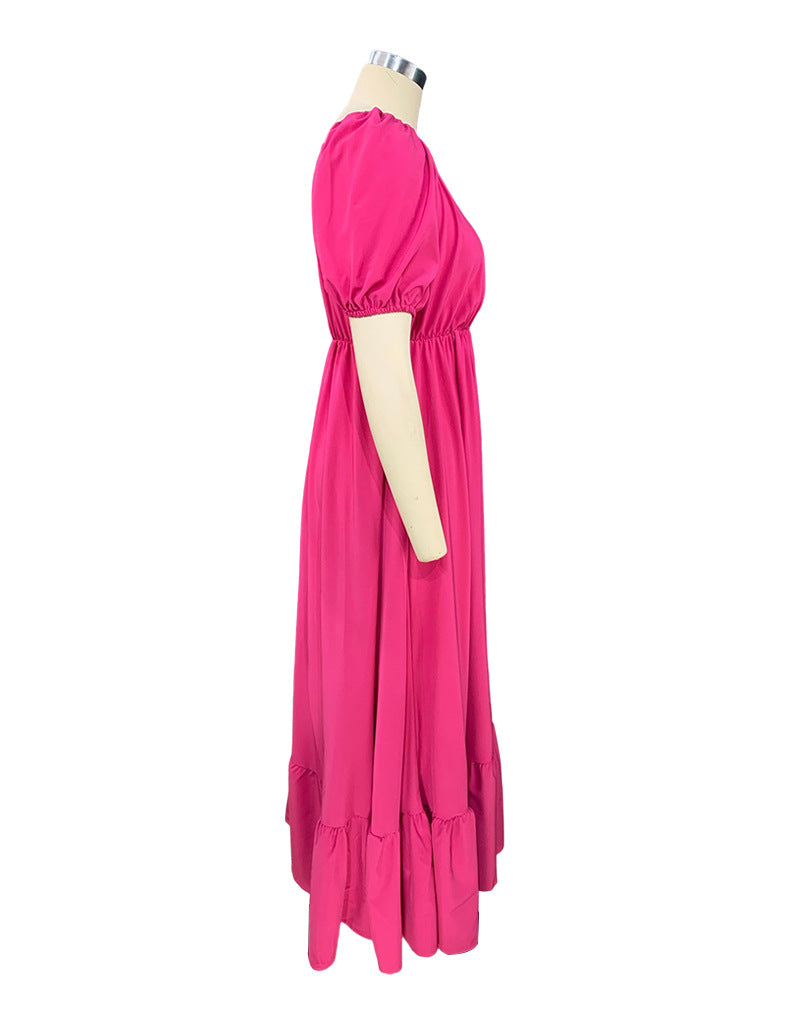 New Summer Women'S Dresses One Word Neck Bubble Short Sleeve Sexy Open Back Solid Color Dress Simple Pastoral Pink Tight Dress