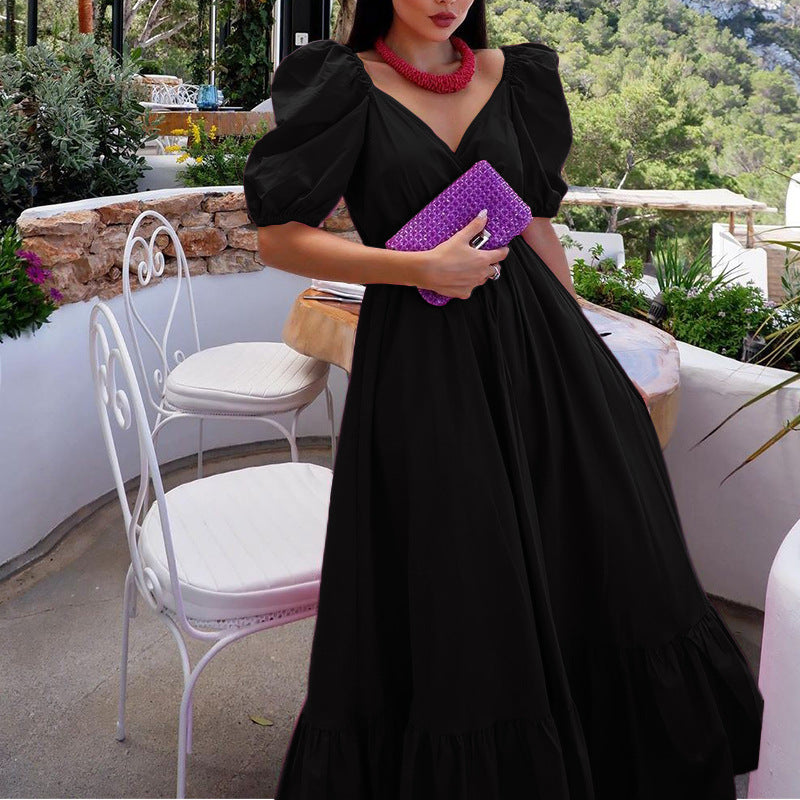 New Summer Women'S Dresses One Word Neck Bubble Short Sleeve Sexy Open Back Solid Color Dress Simple Pastoral Pink Tight Dress