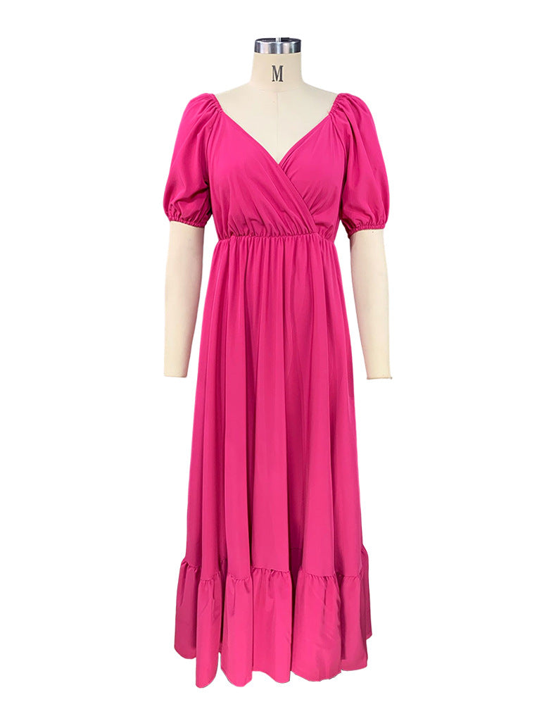 New Summer Women'S Dresses One Word Neck Bubble Short Sleeve Sexy Open Back Solid Color Dress Simple Pastoral Pink Tight Dress