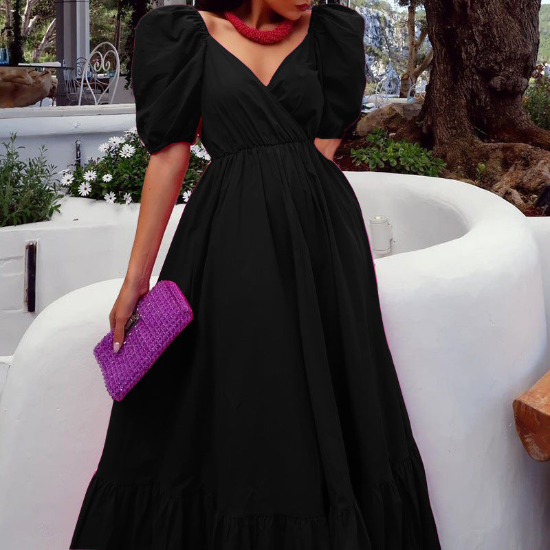 New Summer Women'S Dresses One Word Neck Bubble Short Sleeve Sexy Open Back Solid Color Dress Simple Pastoral Pink Tight Dress