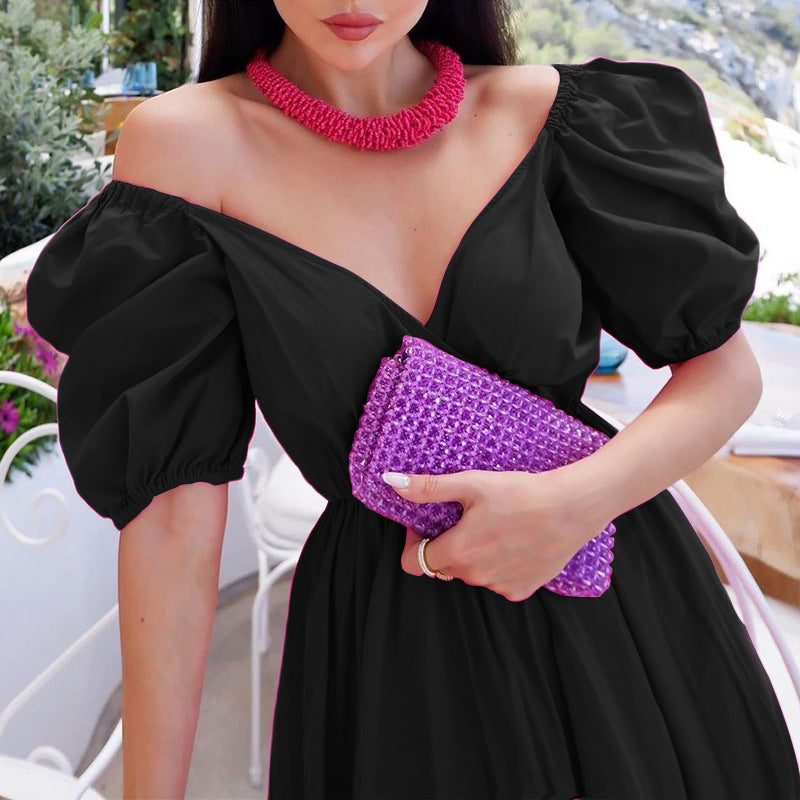 New Summer Women'S Dresses One Word Neck Bubble Short Sleeve Sexy Open Back Solid Color Dress Simple Pastoral Pink Tight Dress