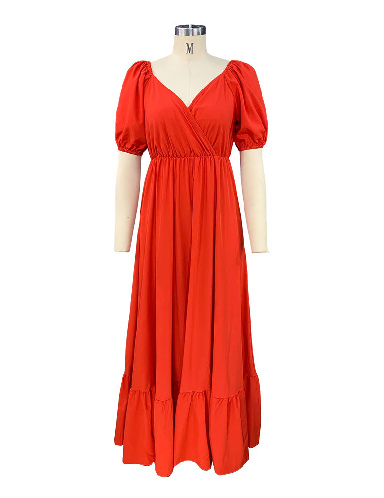 New Summer Women'S Dresses One Word Neck Bubble Short Sleeve Sexy Open Back Solid Color Dress Simple Pastoral Pink Tight Dress