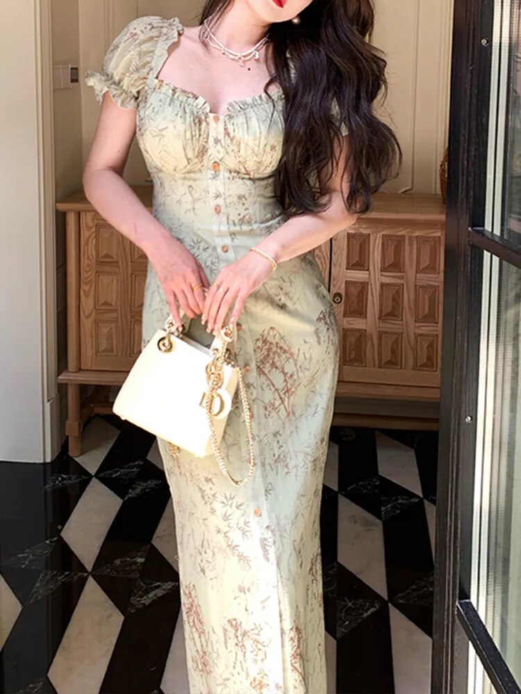 Print Dress for Women Short Sleeve French Style Vintage Dress Slim Midi A Llne Square Collar New Spring Summer Dress