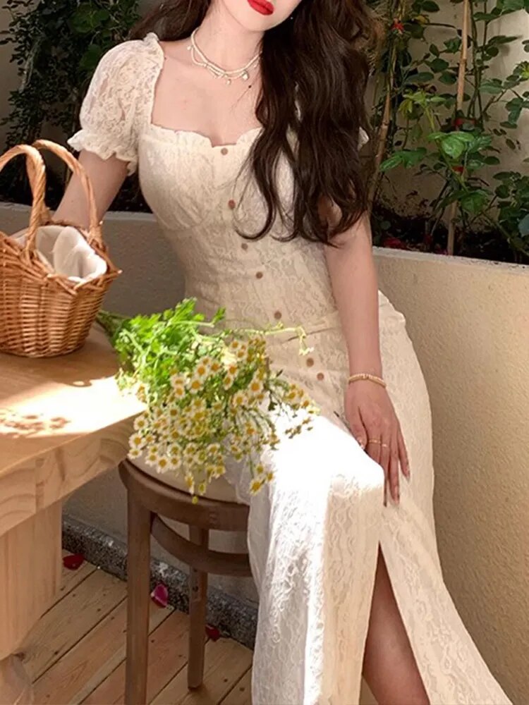Print Dress for Women Short Sleeve French Style Vintage Dress Slim Midi A Llne Square Collar New Spring Summer Dress