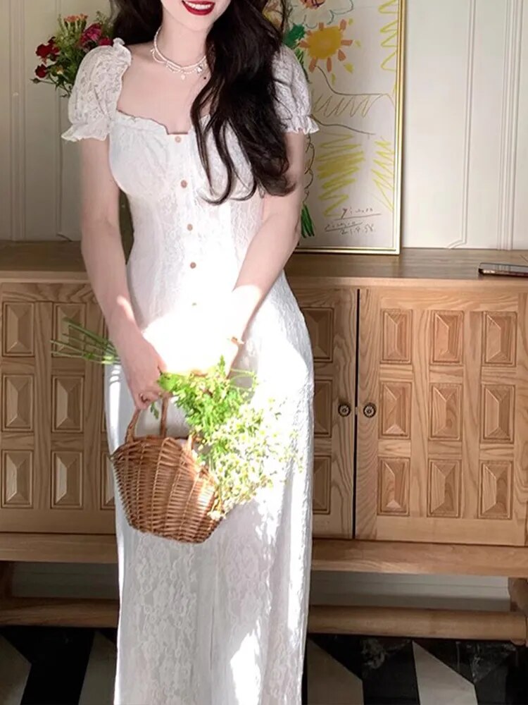 Print Dress for Women Short Sleeve French Style Vintage Dress Slim Midi A Llne Square Collar New Spring Summer Dress